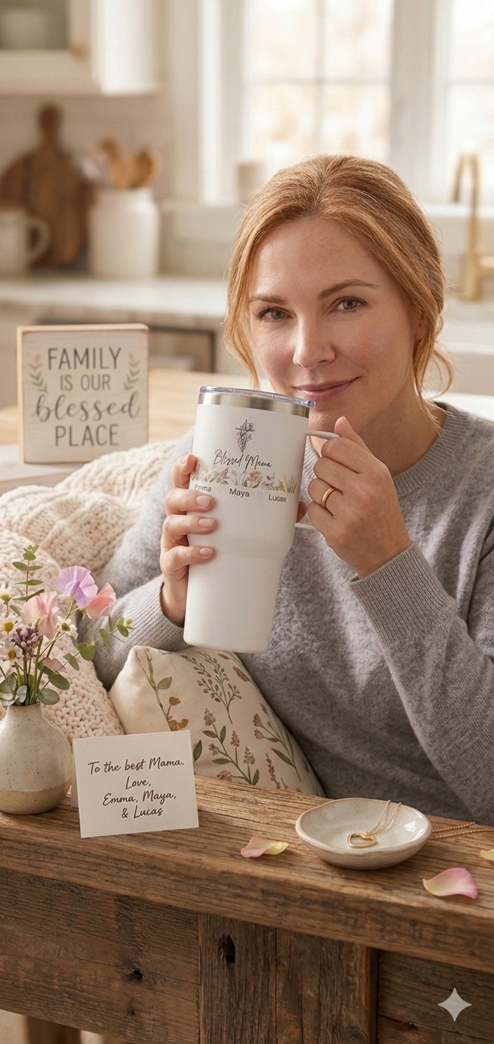 Personalized Floral Mom Travel Mug with Handle – Custom Kids Names Tumbler