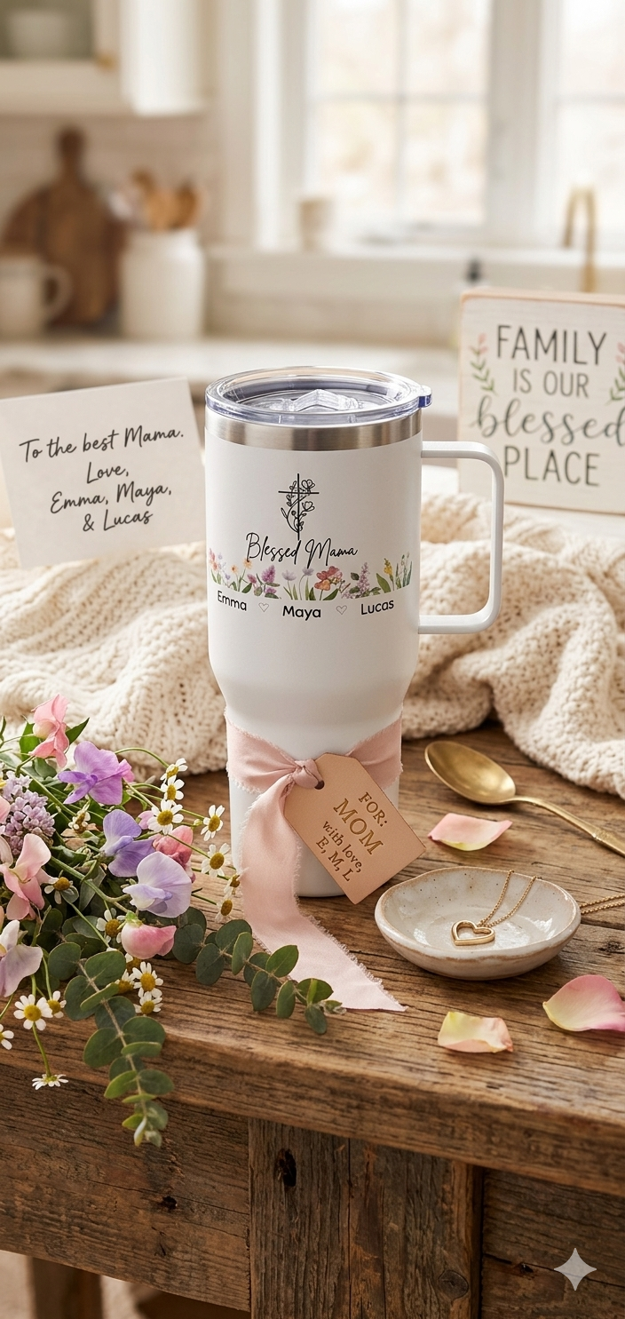 Personalized Floral Mom Travel Mug with Handle – Custom Kids Names Tumbler
