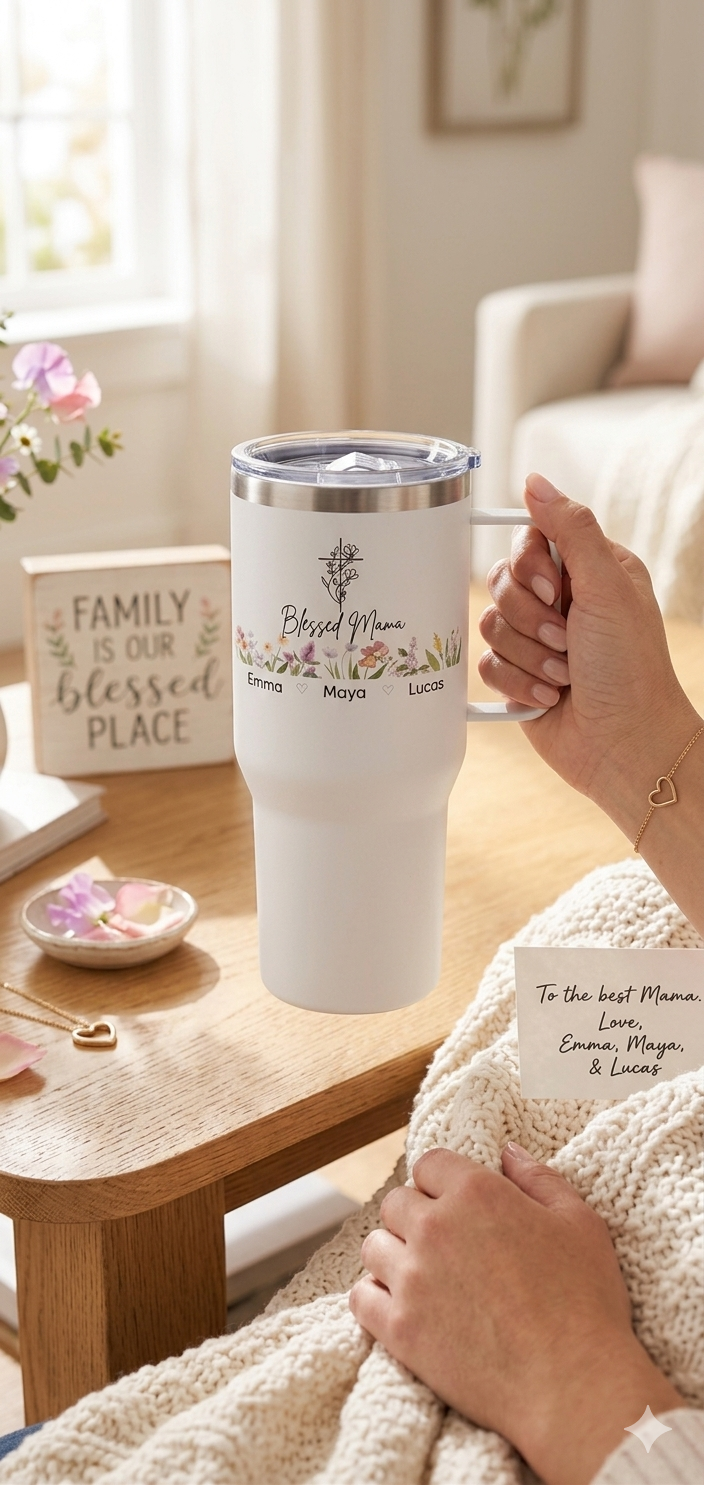 Personalized Floral Mom Travel Mug with Handle – Custom Kids Names Tumbler